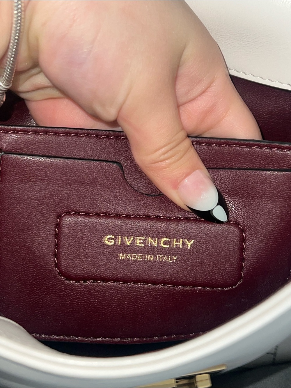 Givenchy White Shoulder Bag with Burgundy Interior and Gold Logo